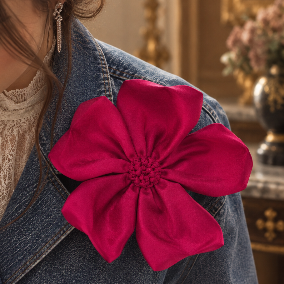 Flower brooch in shocking pink satin
