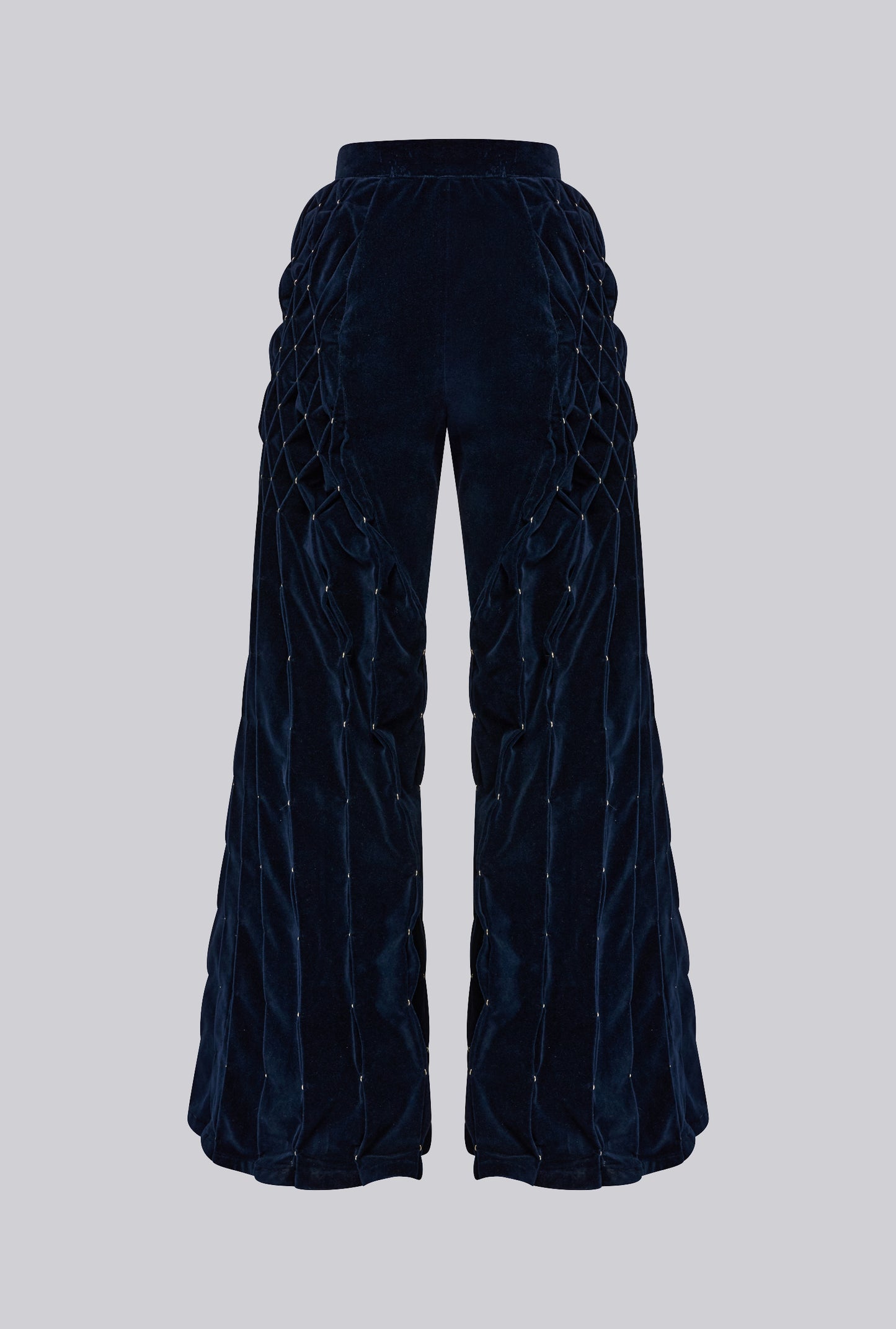 Geometric Pleated Velvet Trousers In Midnight Blue
