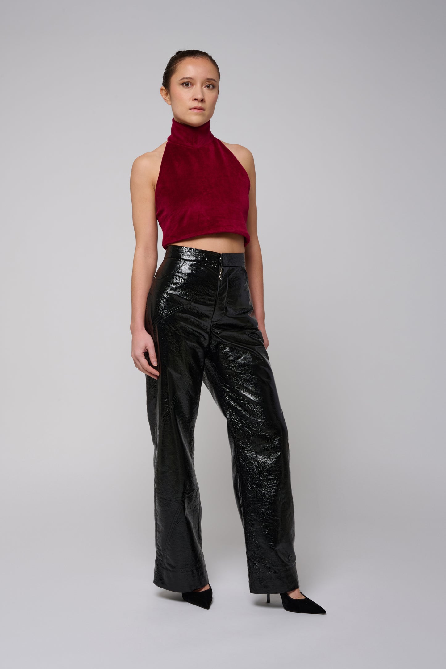 Turtleneck Cropped Top In Magenta Velvet