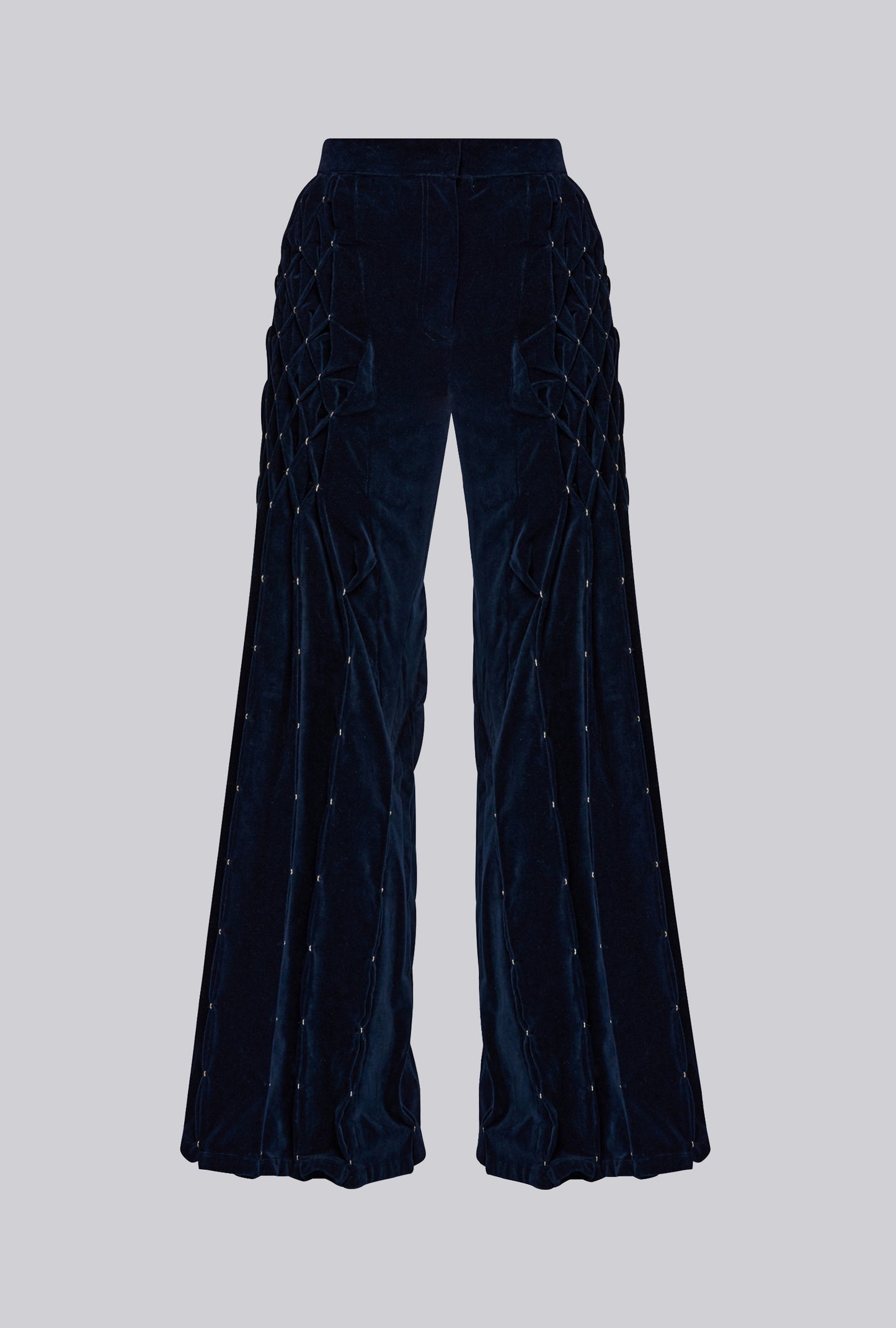 Geometric Pleated Velvet Trousers In Midnight Blue