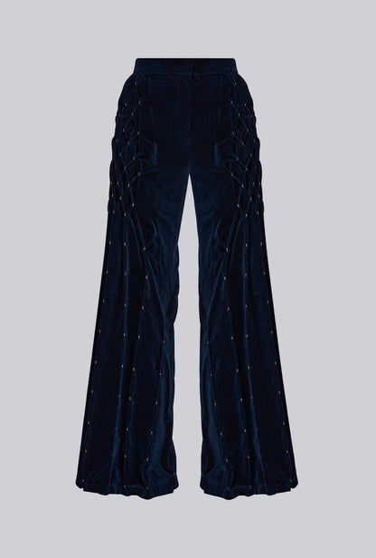 Geometric Pleated Velvet Trousers In Midnight Blue