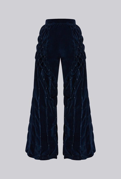Geometric Pleated Velvet Trousers In Midnight Blue