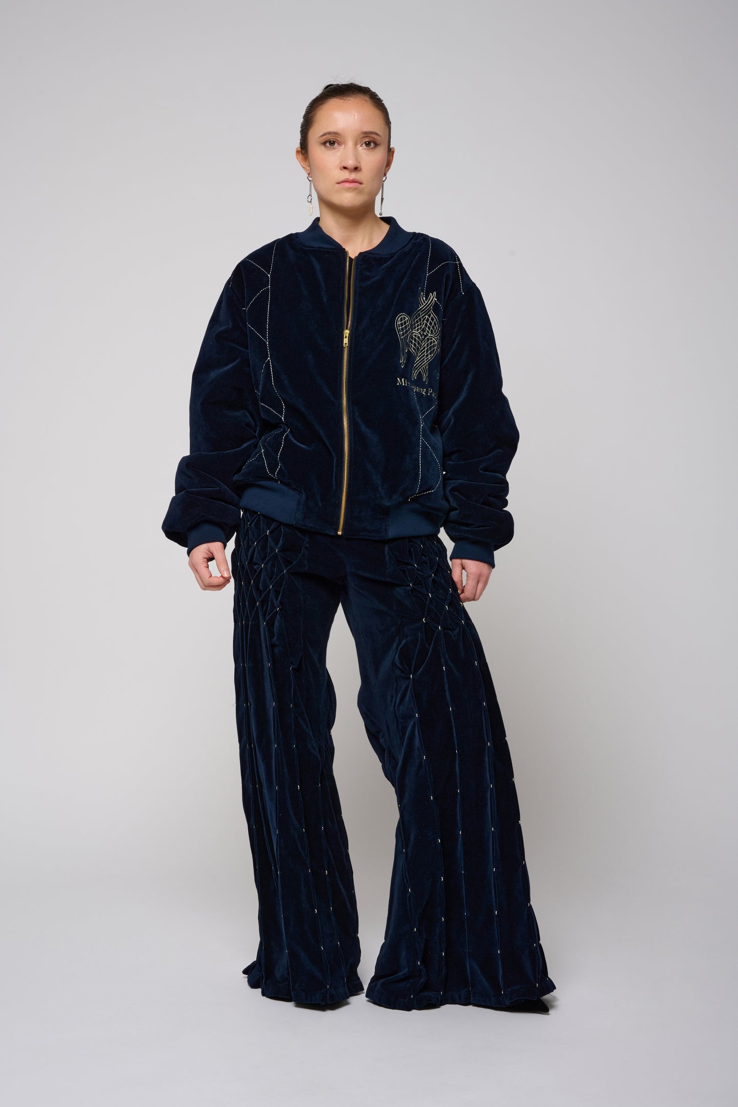 Geometric Pleated Velvet Trousers In Midnight Blue