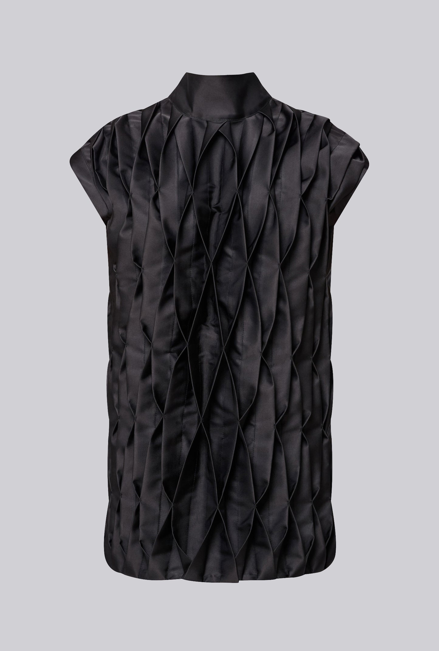 Geometric Pleated Mini Dress in Black Satin Duchesse