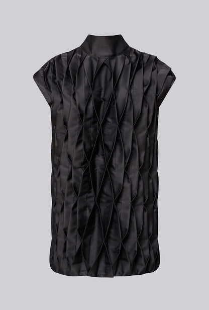 Geometric Pleated Mini Dress in Black Satin Duchesse