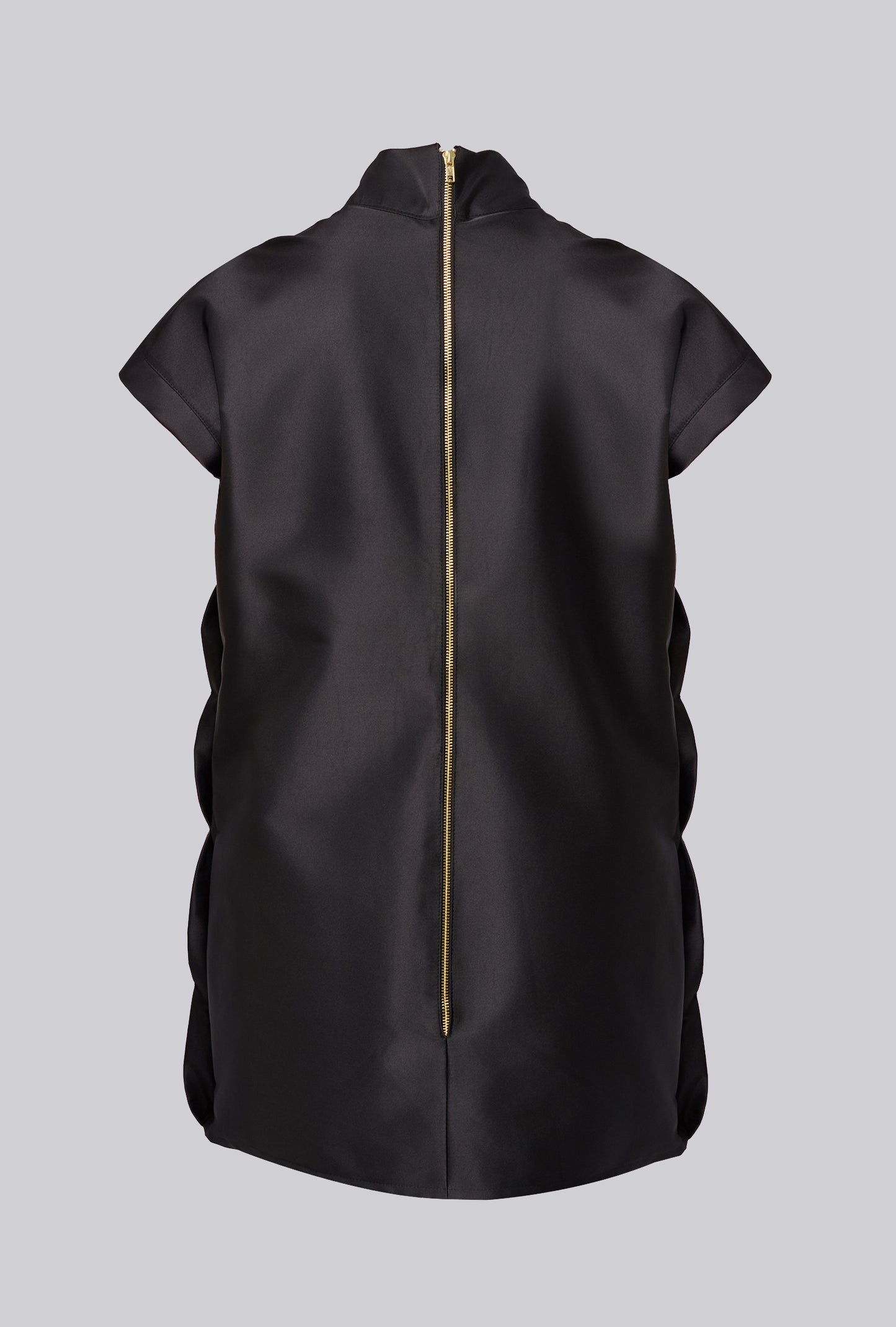 Geometric Pleated Mini Dress in Black Satin Duchesse