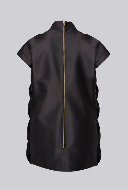 Geometric Pleated Mini Dress in Black Satin Duchesse