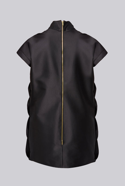 Geometric Pleated Mini Dress in Black Satin Duchesse