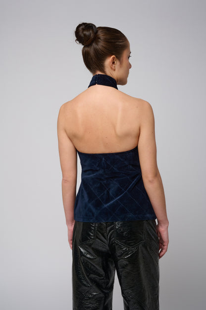 Turtleneck Quilted Top In Midnight Blue Velvet