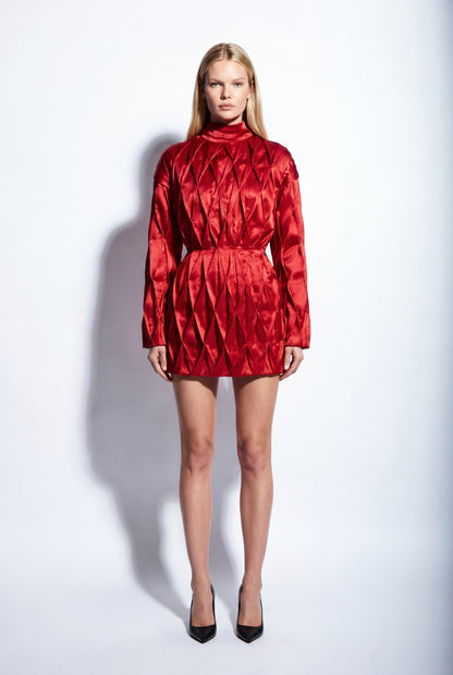 Geometric Pleated Satin Top in Crimson