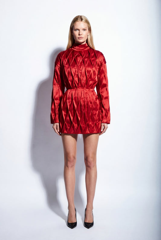 Geometric Pleated Satin Top in Crimson