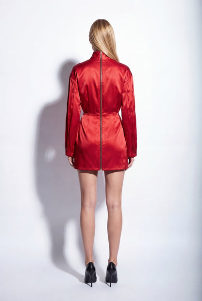 Geometric Pleated Satin Top in Crimson