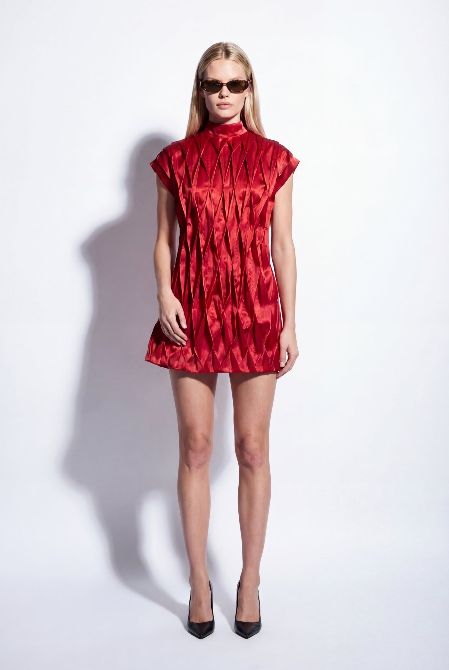 Geometric Pleated Dress In Magenta Satin