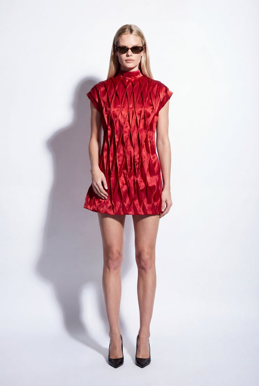 Geometric Pleated Dress In Magenta Satin