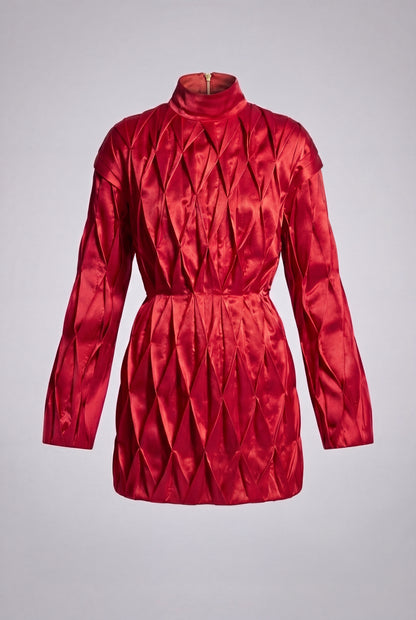 Geometric Pleated Satin Top in Crimson