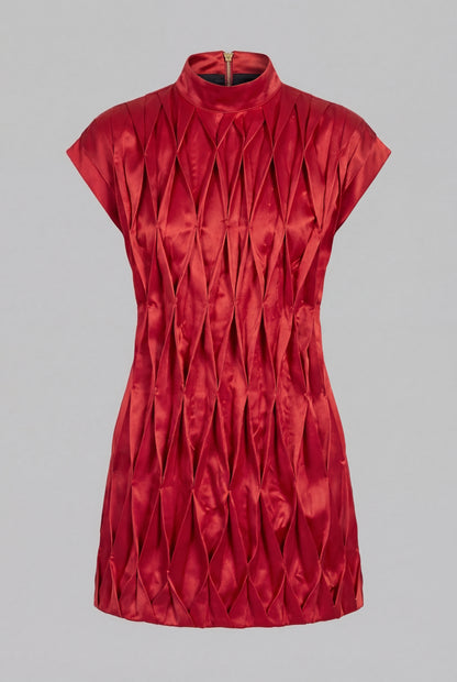 Geometric Pleated Dress In Magenta Satin